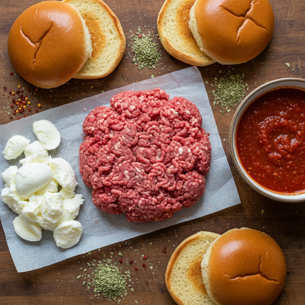 Ingredients for pizza burgers displayed neatly