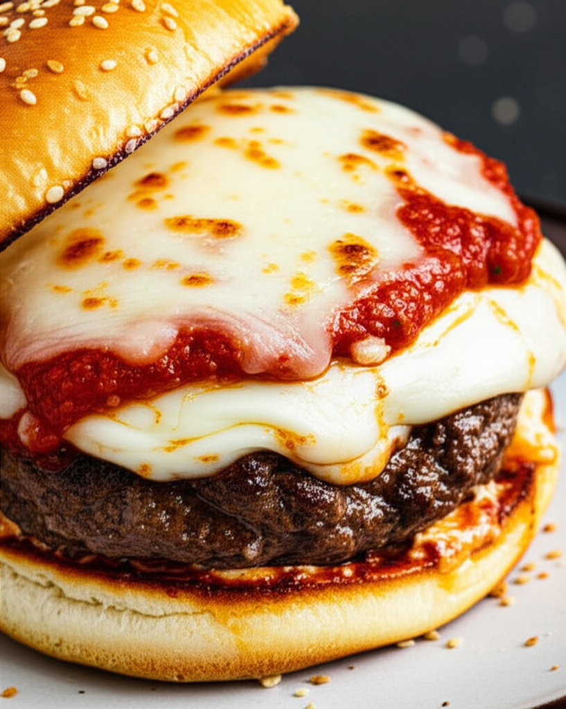 Delicious cheesy Italian pizza burgers on a plate