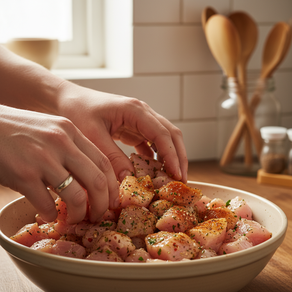 Mixing diced chicken with oil and spices