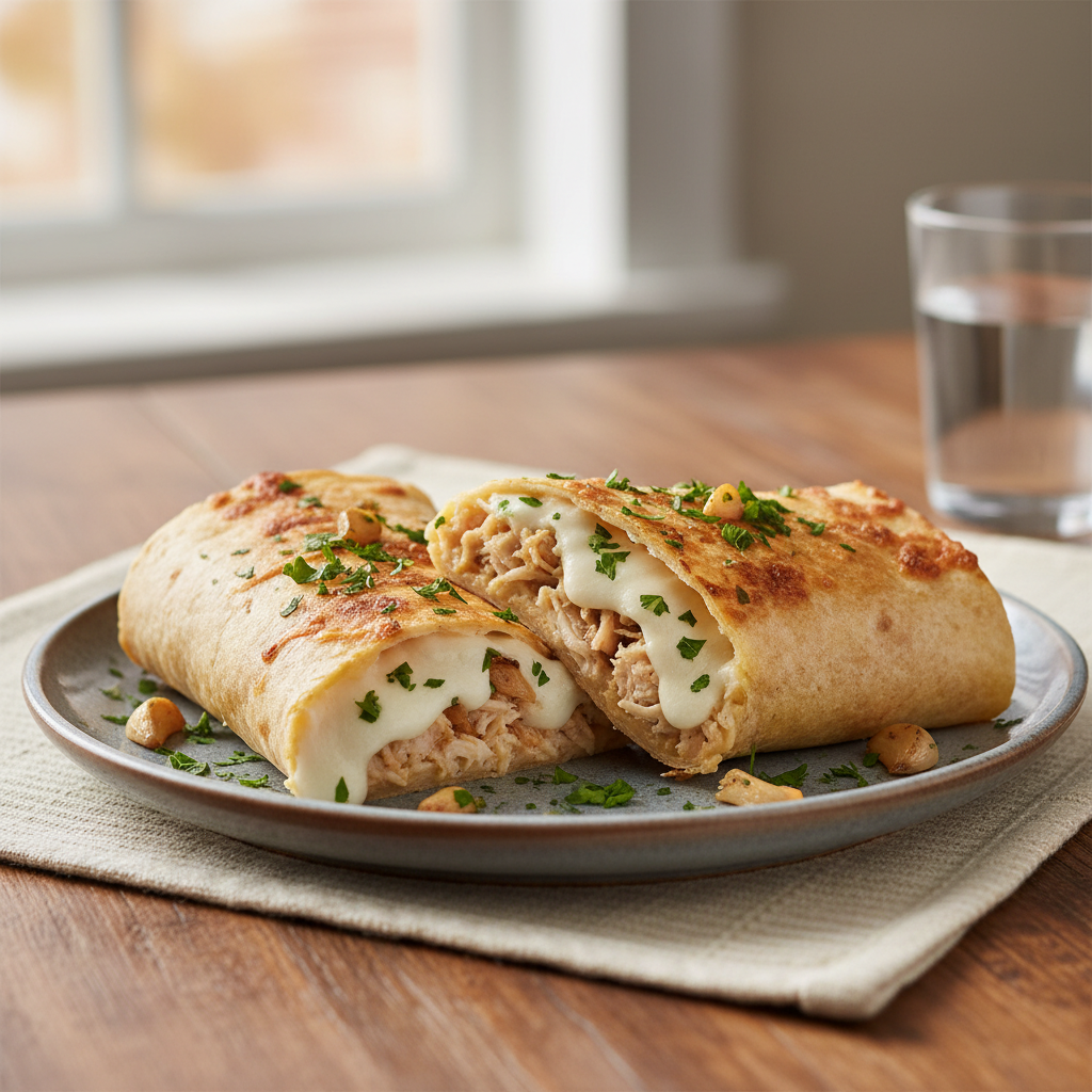Cheesy garlic chicken wraps, sliced and garnished with parsley
