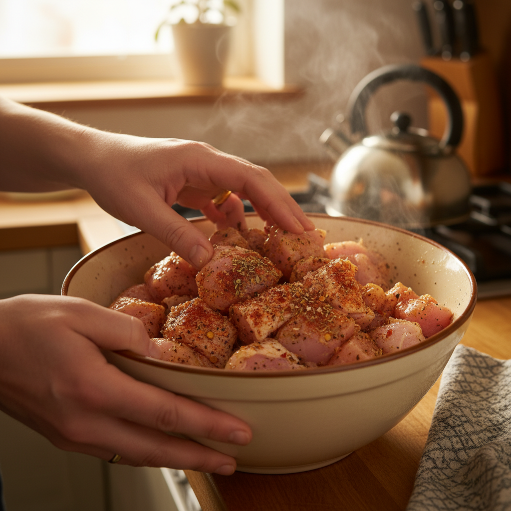 Chicken mixed with oil and seasonings in bowl