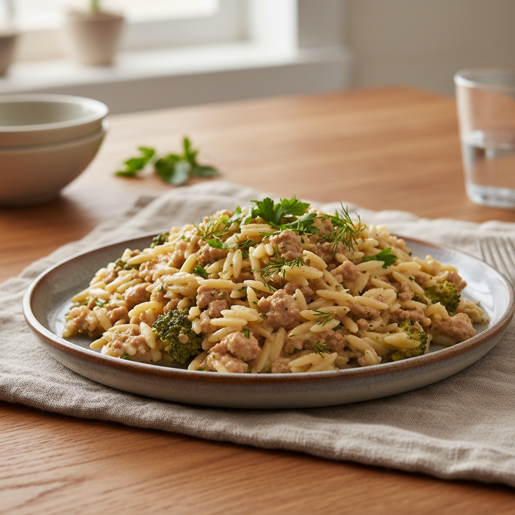 Prepared ground turkey orzo stored and ready to serve