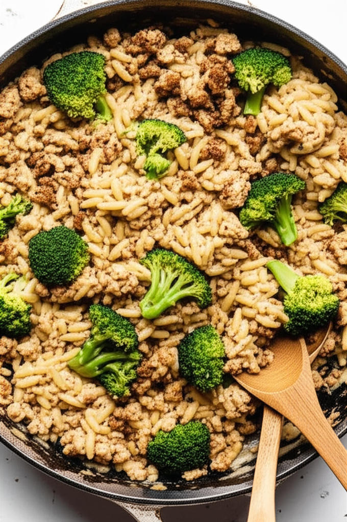 Healthy ground turkey orzo meal on a plate