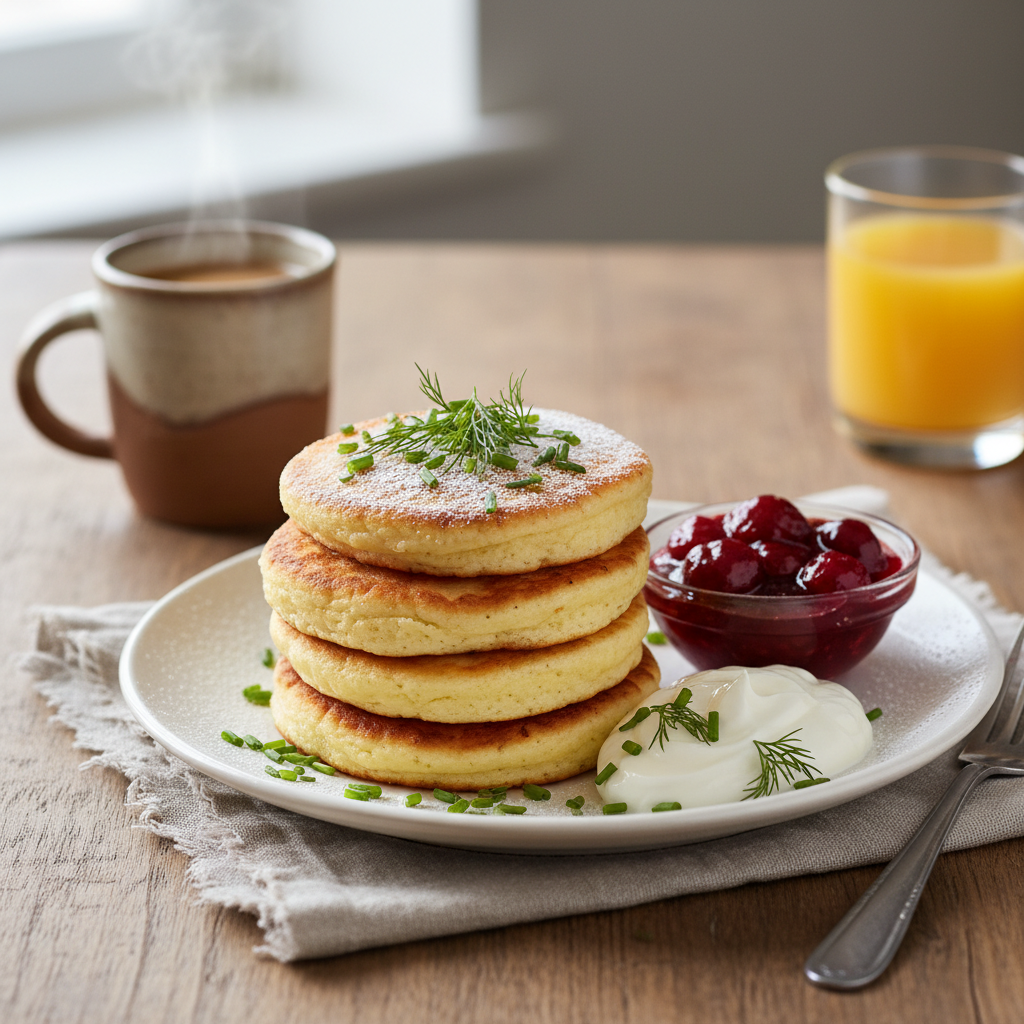 Ricotta pancakes served with sour cream and jam