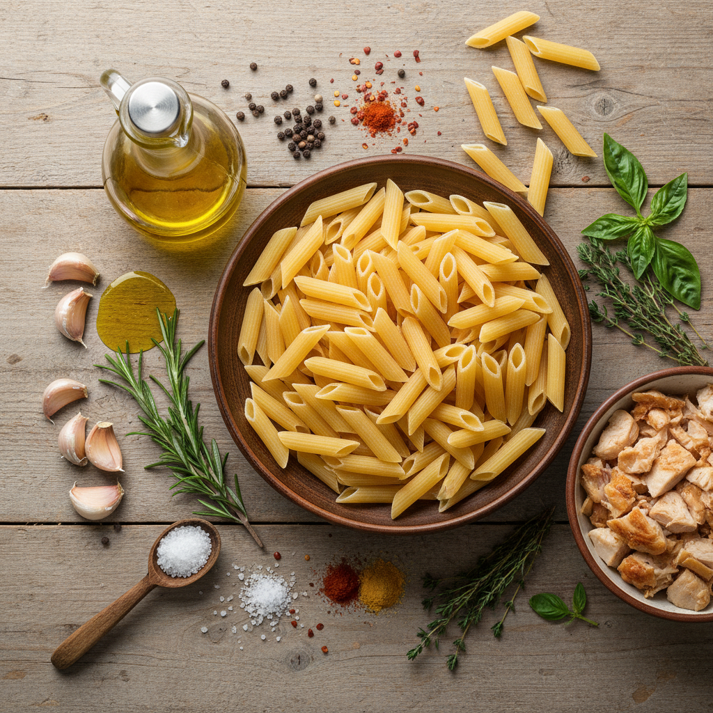 Ingredients for garlic butter rotisserie chicken pasta