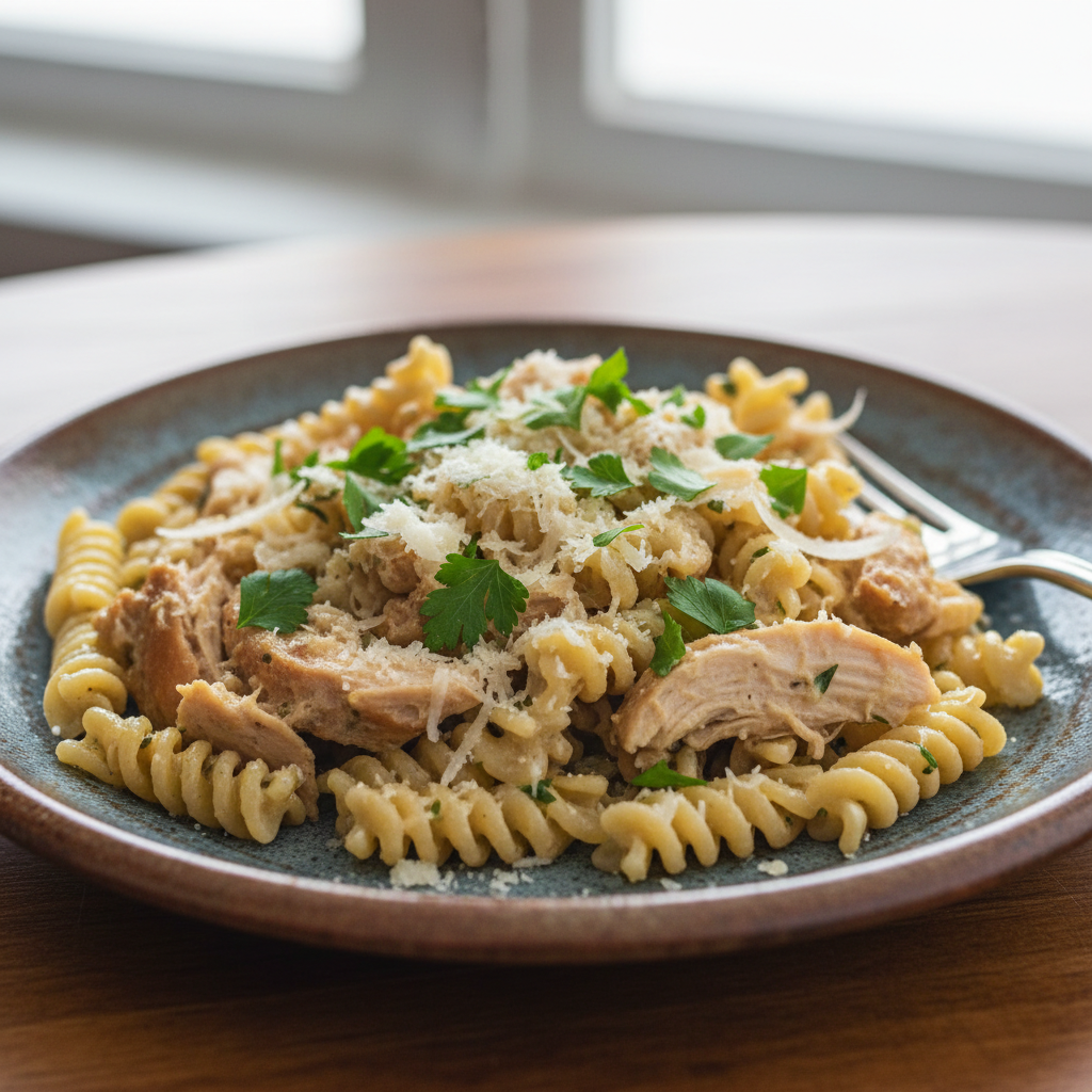 Finished garlic butter rotisserie chicken pasta dish