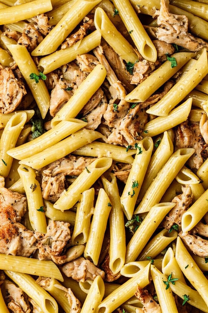 Penne pasta with garlic butter rotisserie chicken