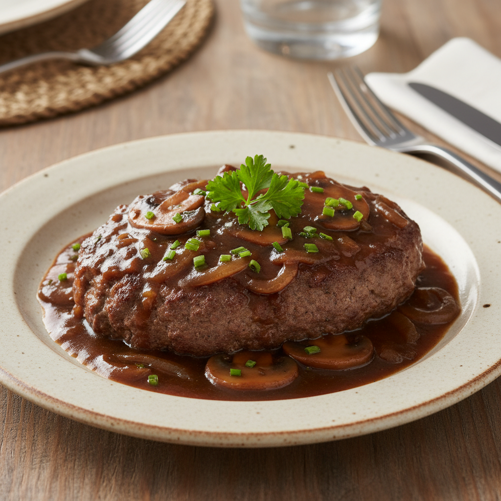 Salisbury steak served with gravy and sides