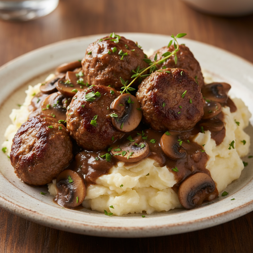 Serving Salisbury steak meatballs with mashed potatoes