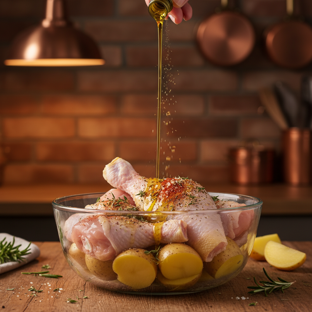 Chicken coated with spices in a bowl