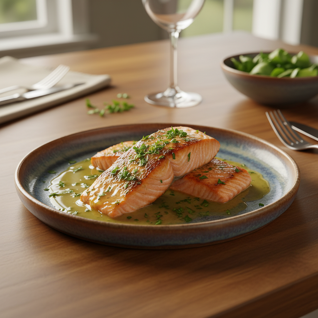 Salmon with garlic lemon butter sauce garnished with parsley