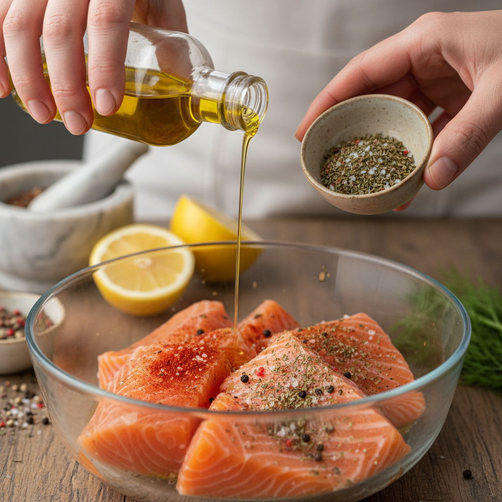 Searing salmon fillets in pan