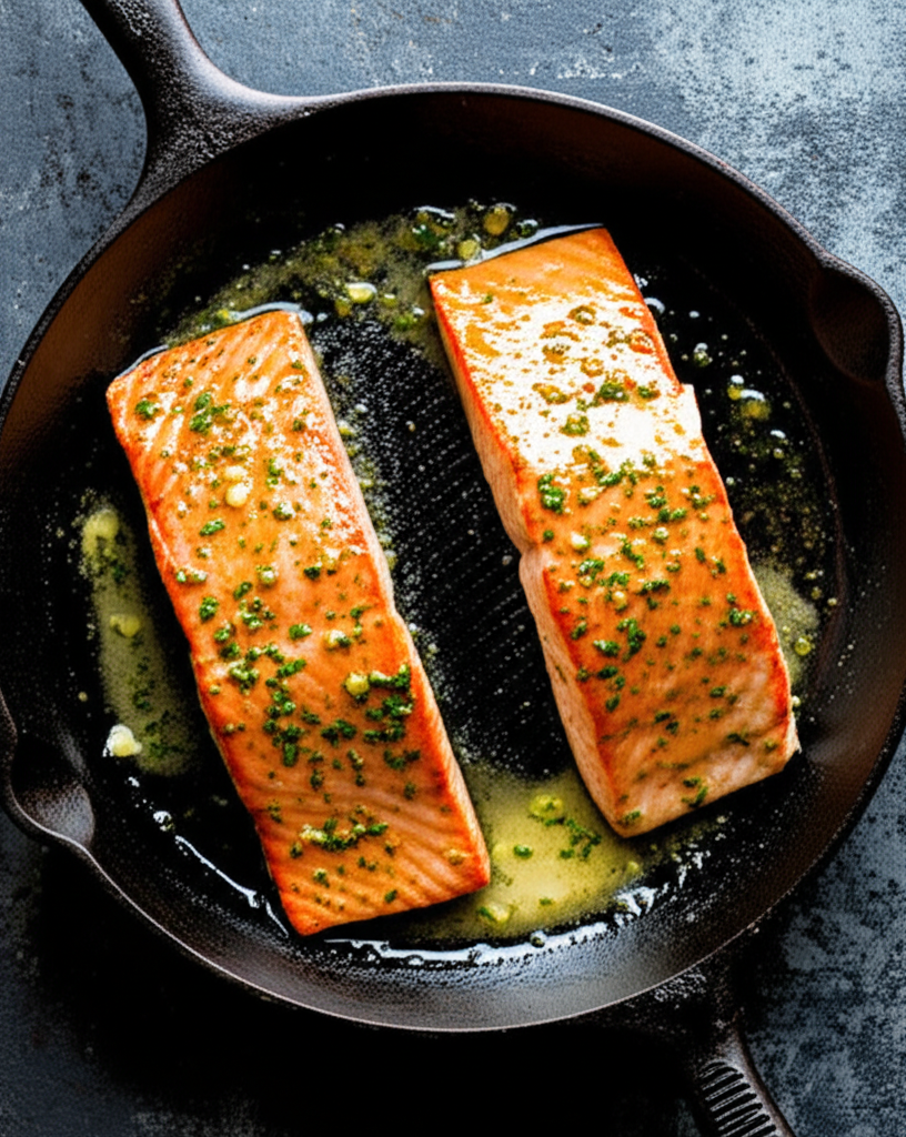 Salmon with Garlic Lemon Butter Sauce plated