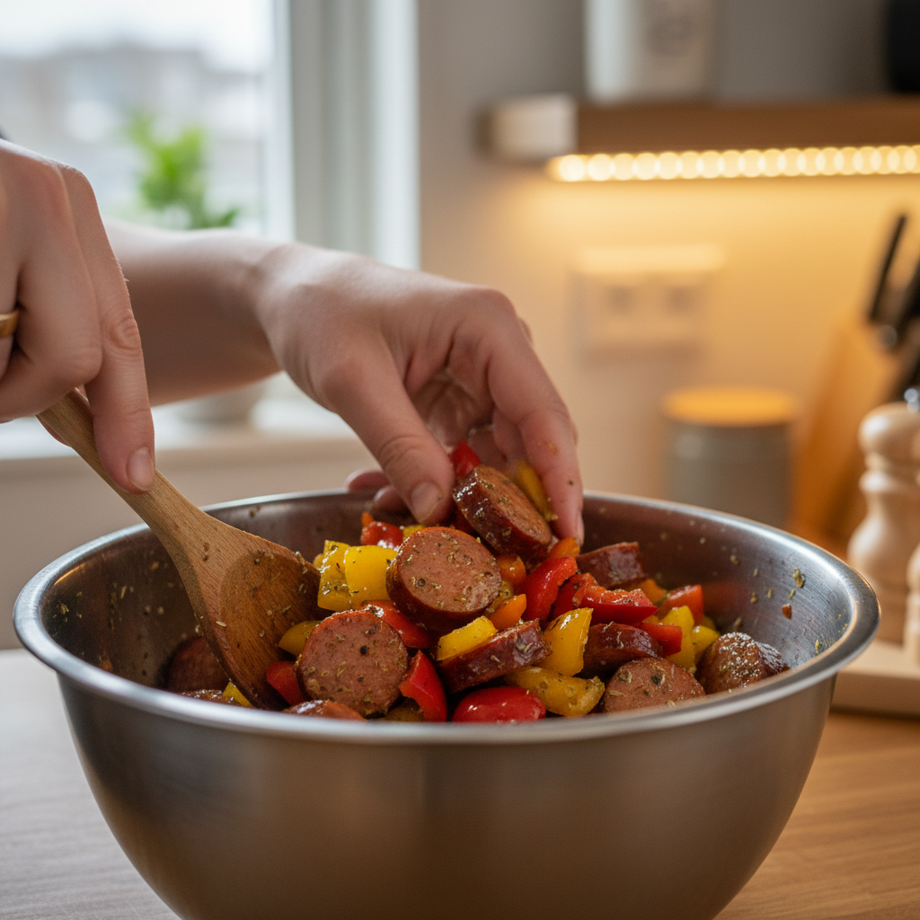 Browning smoked sausage in cast iron skillet