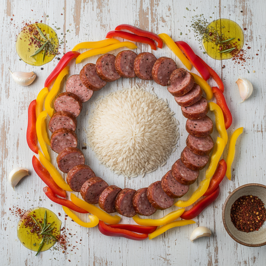 Ingredients for sausage and rice skillet displayed