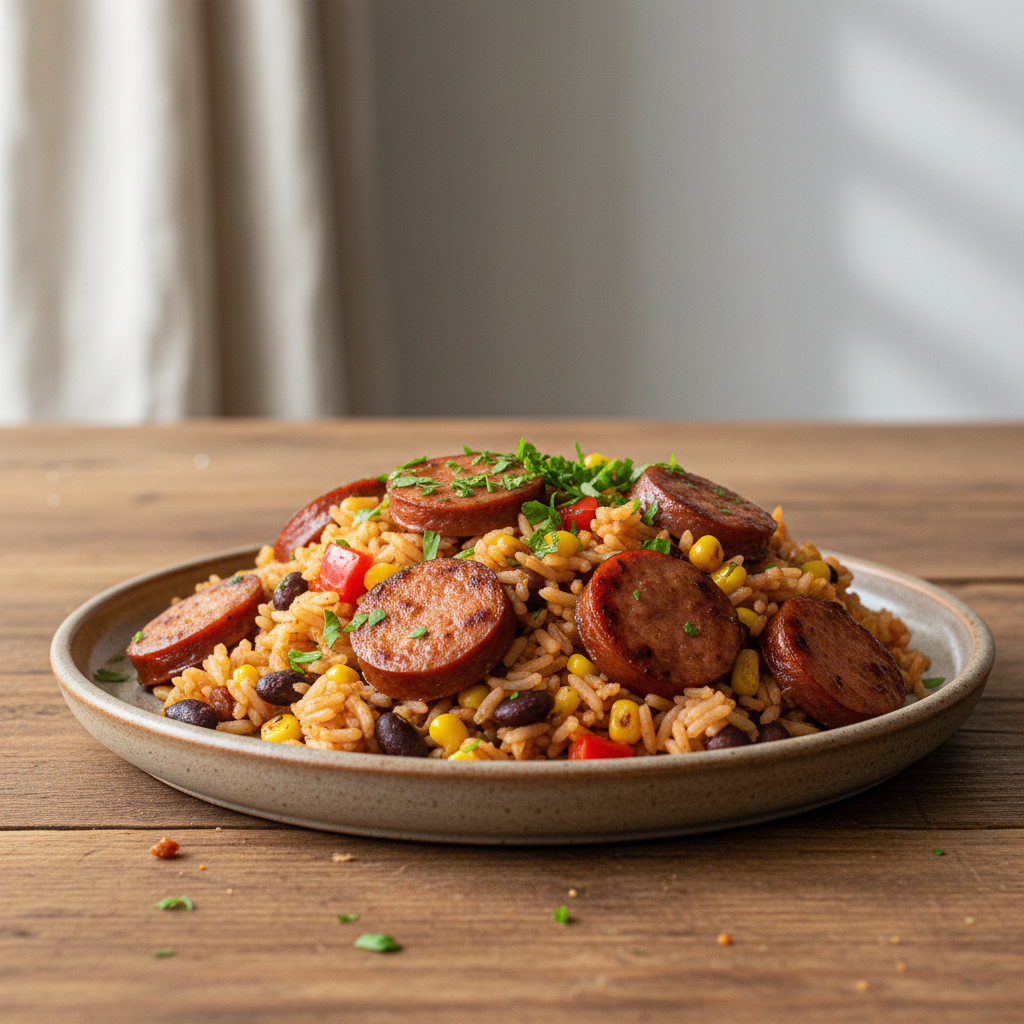 Finished sausage and rice skillet garnished with parsley