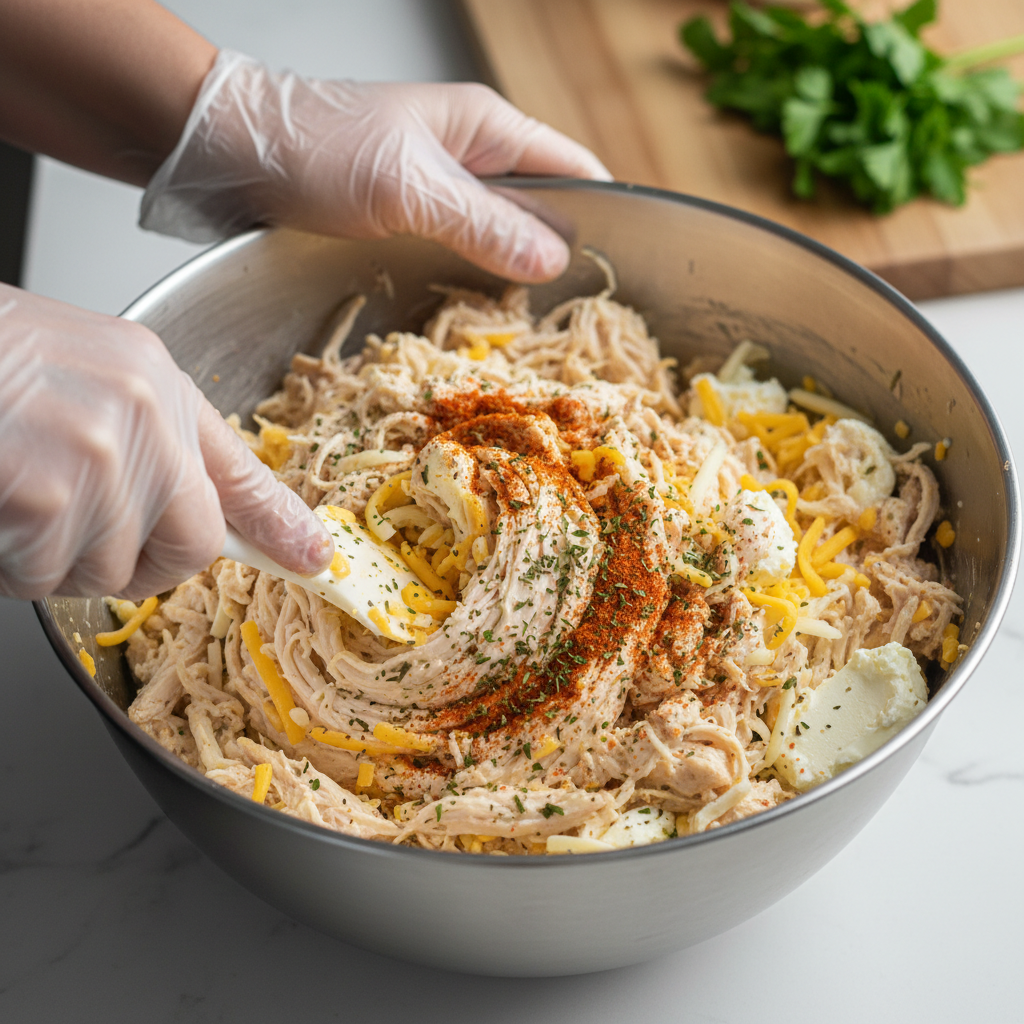 Mixing the chicken, cheese, and spices for filling