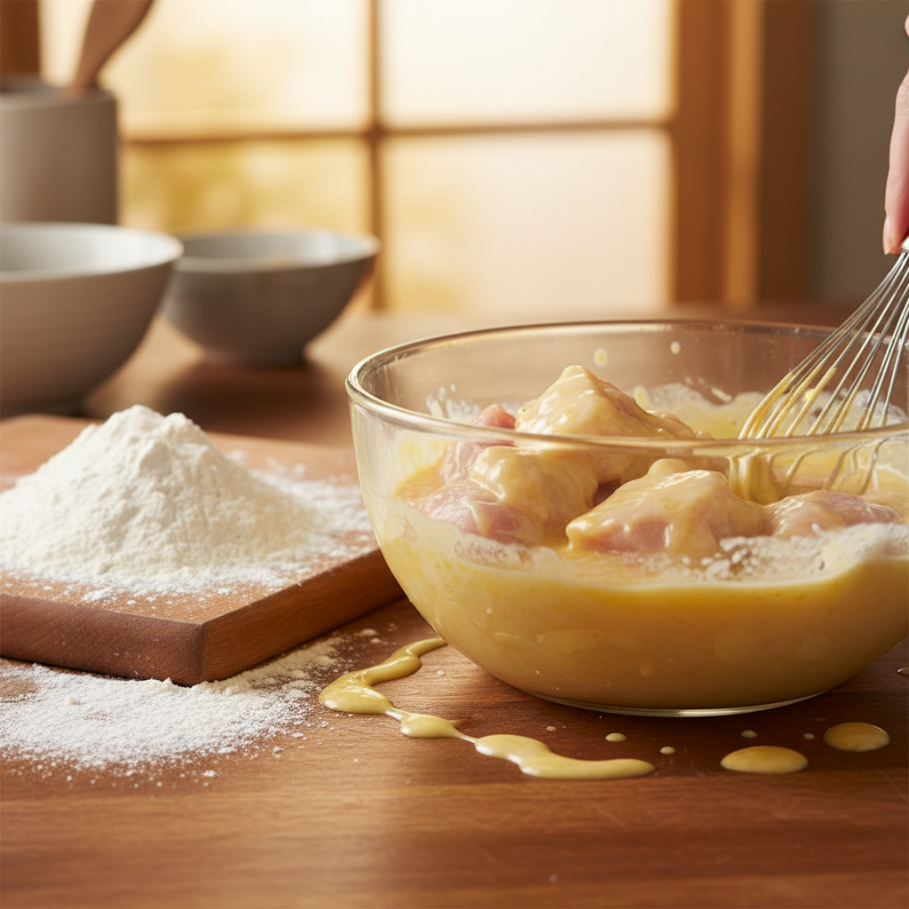 Chicken cubes being coated in egg and cornstarch mixture