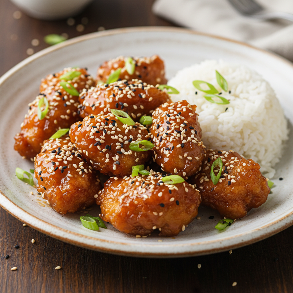 Finished sesame chicken cooking in skillet with sauce