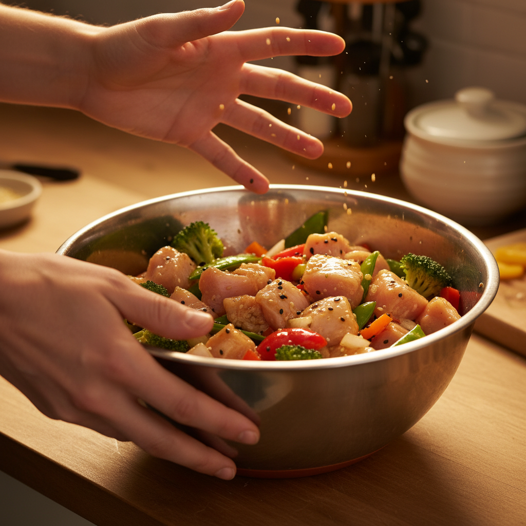 Preparation of chicken and veggies mixed together with sauce