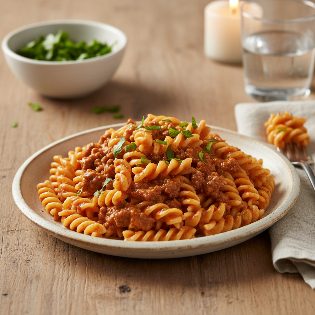 Finished ground beef pasta served with garnishes