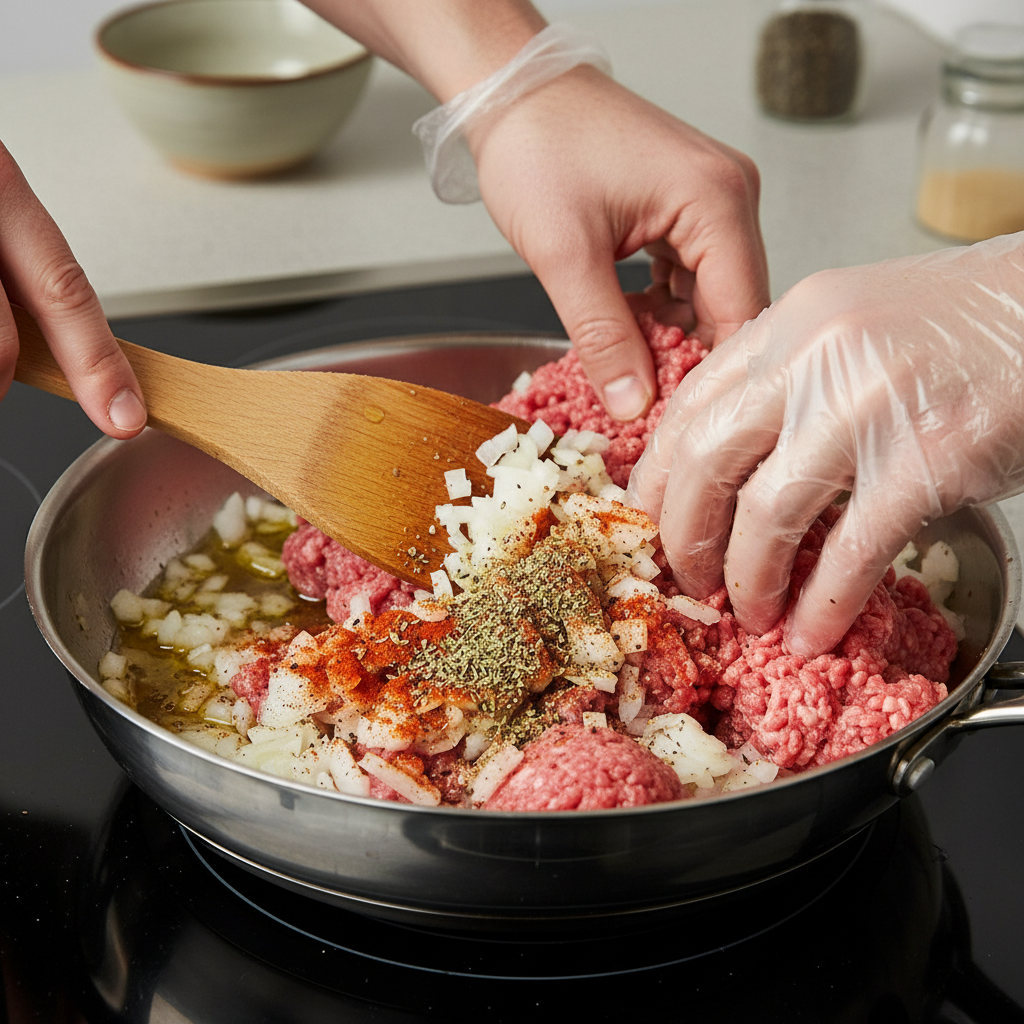 Browning ground beef and cooking onions
