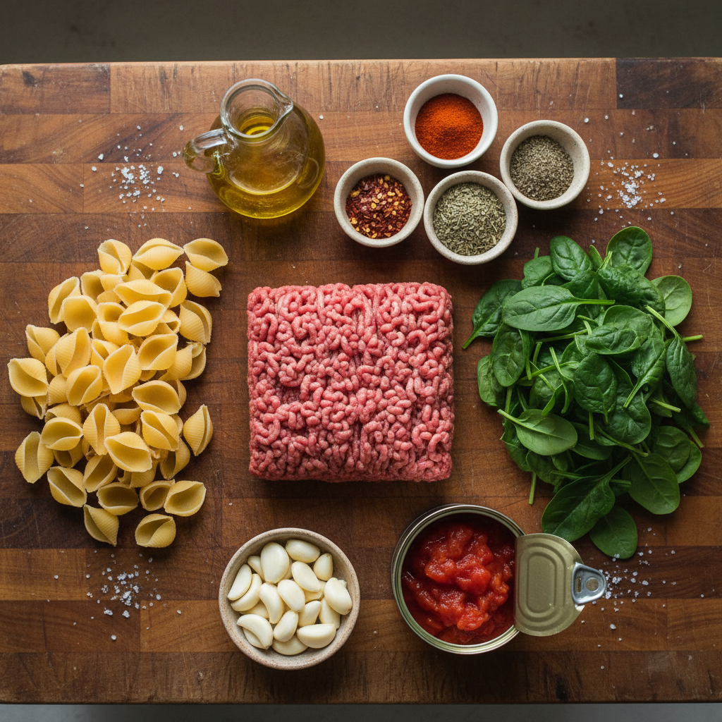 Ingredients for ground beef pasta