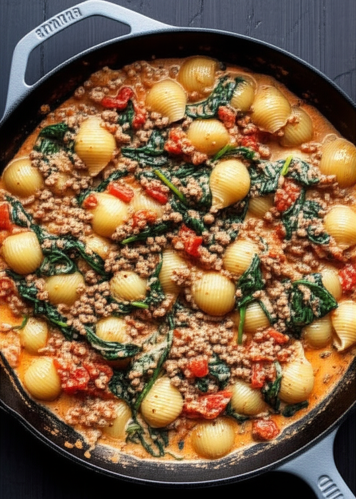 Delicious ground beef pasta dinner served