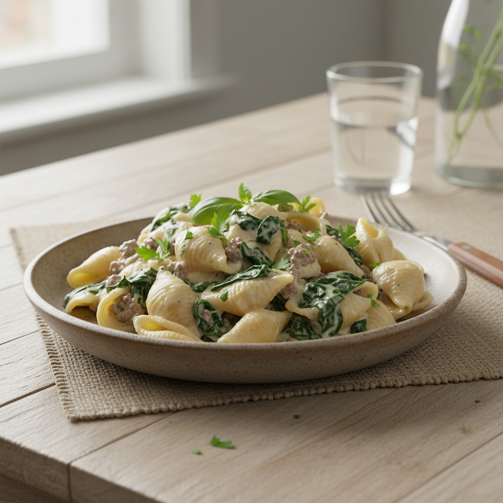 Close up of plated beef shells skillet with Parmesan garnish