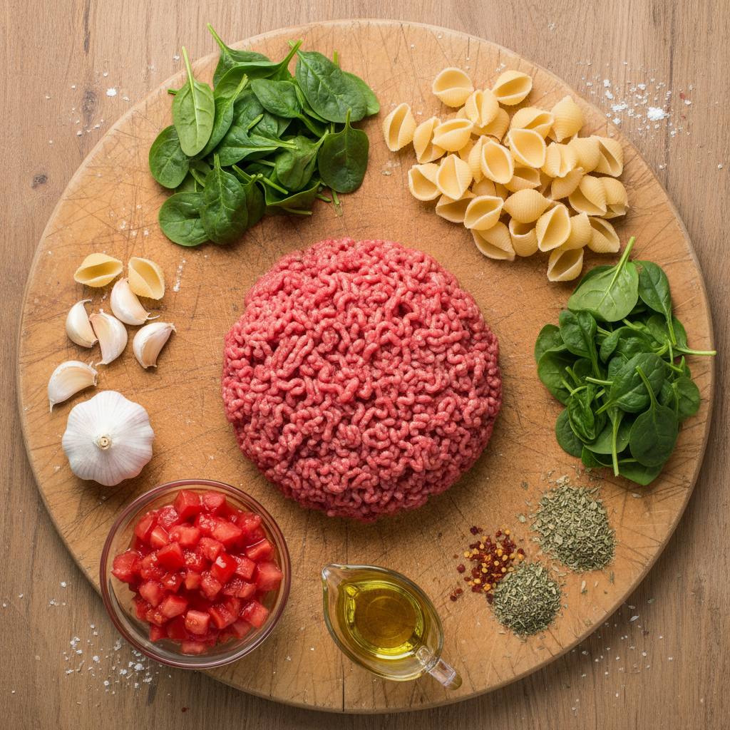 Ingredients for the simple ground beef shells skillet
