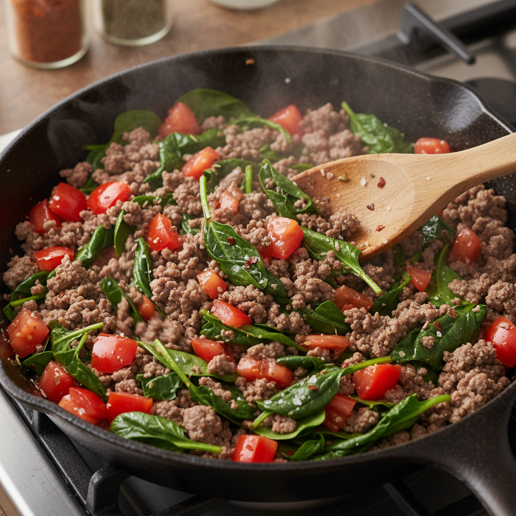 Mixing ground beef, spinach, tomatoes, and seasonings in the skillet