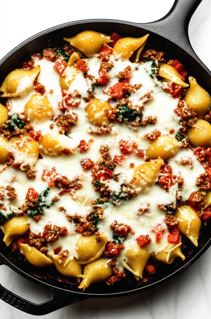 Delicious skillet with pasta shells, ground beef, spinach, and tomatoes