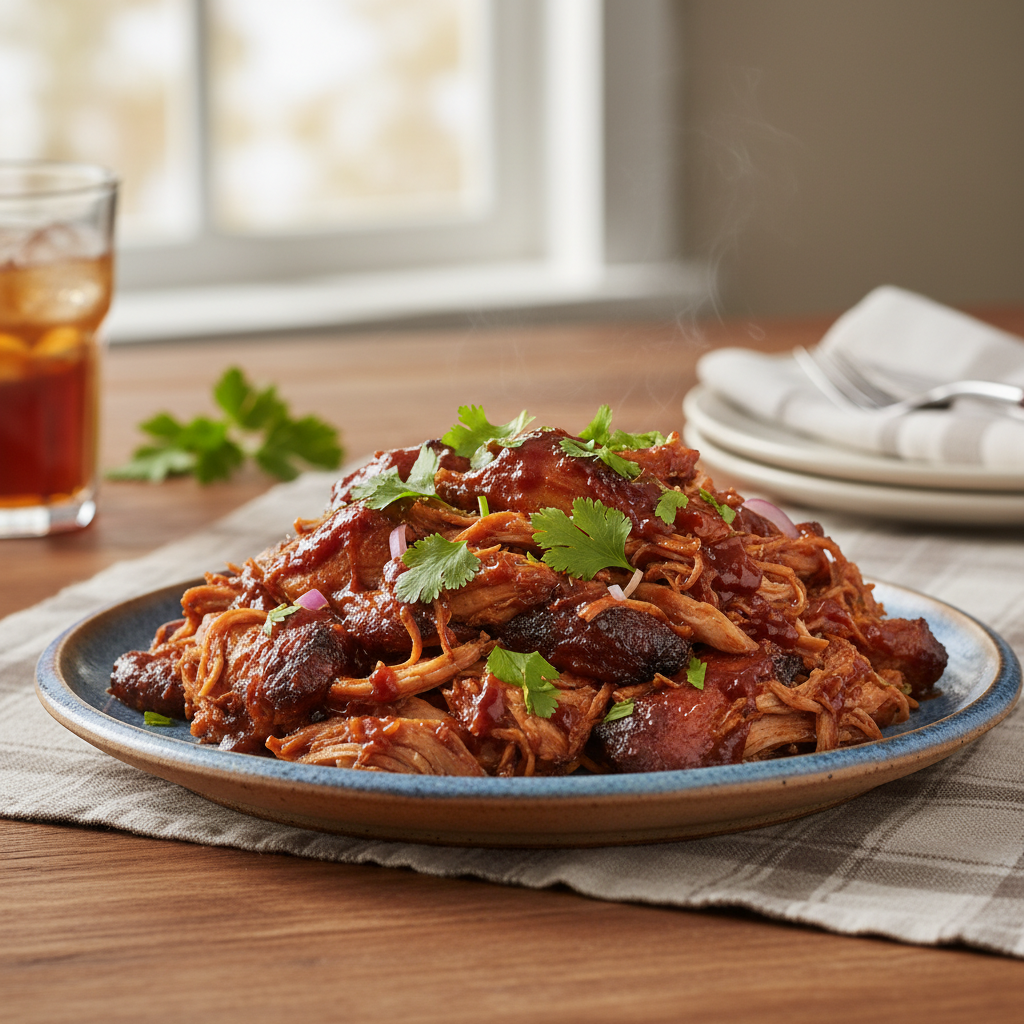 Shredded chicken in crock pot, ready to serve
