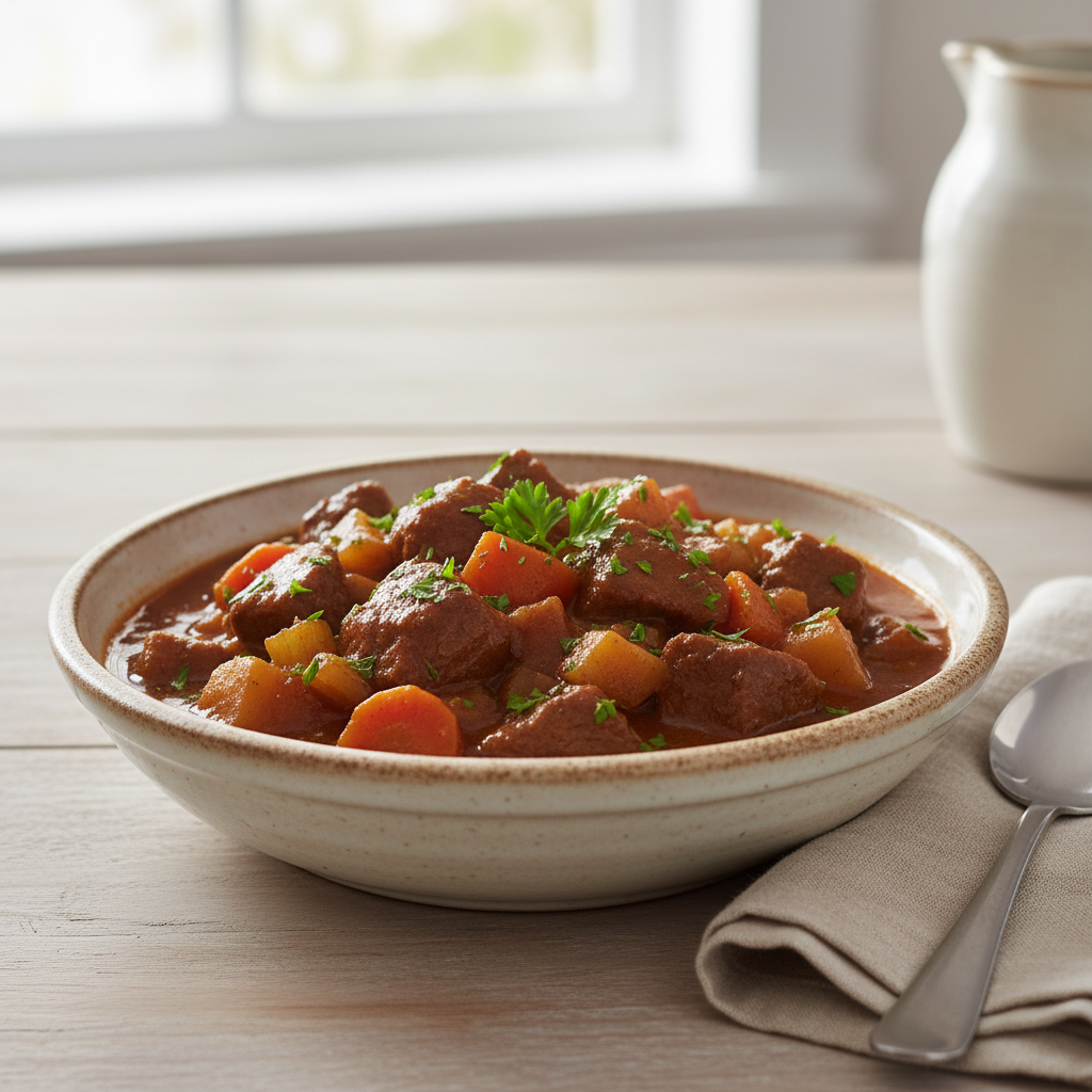 Finished slow cooker beef stew served