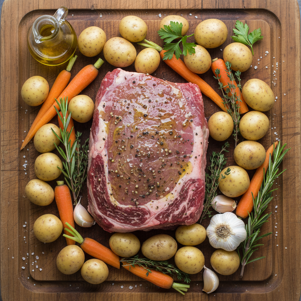 Ingredients for Slow Cooker Beef Stew laid out