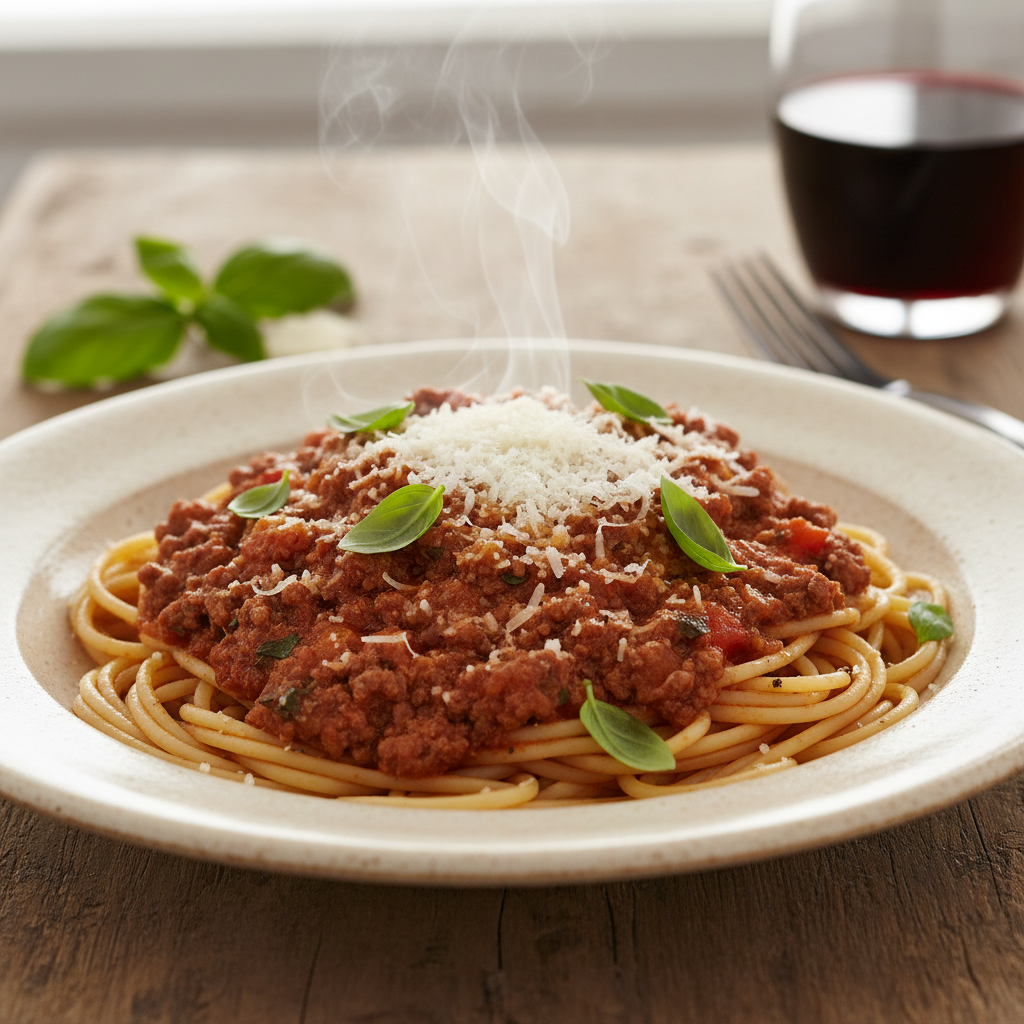 Finished spaghetti with meat sauce served with fresh basil and Parmesan