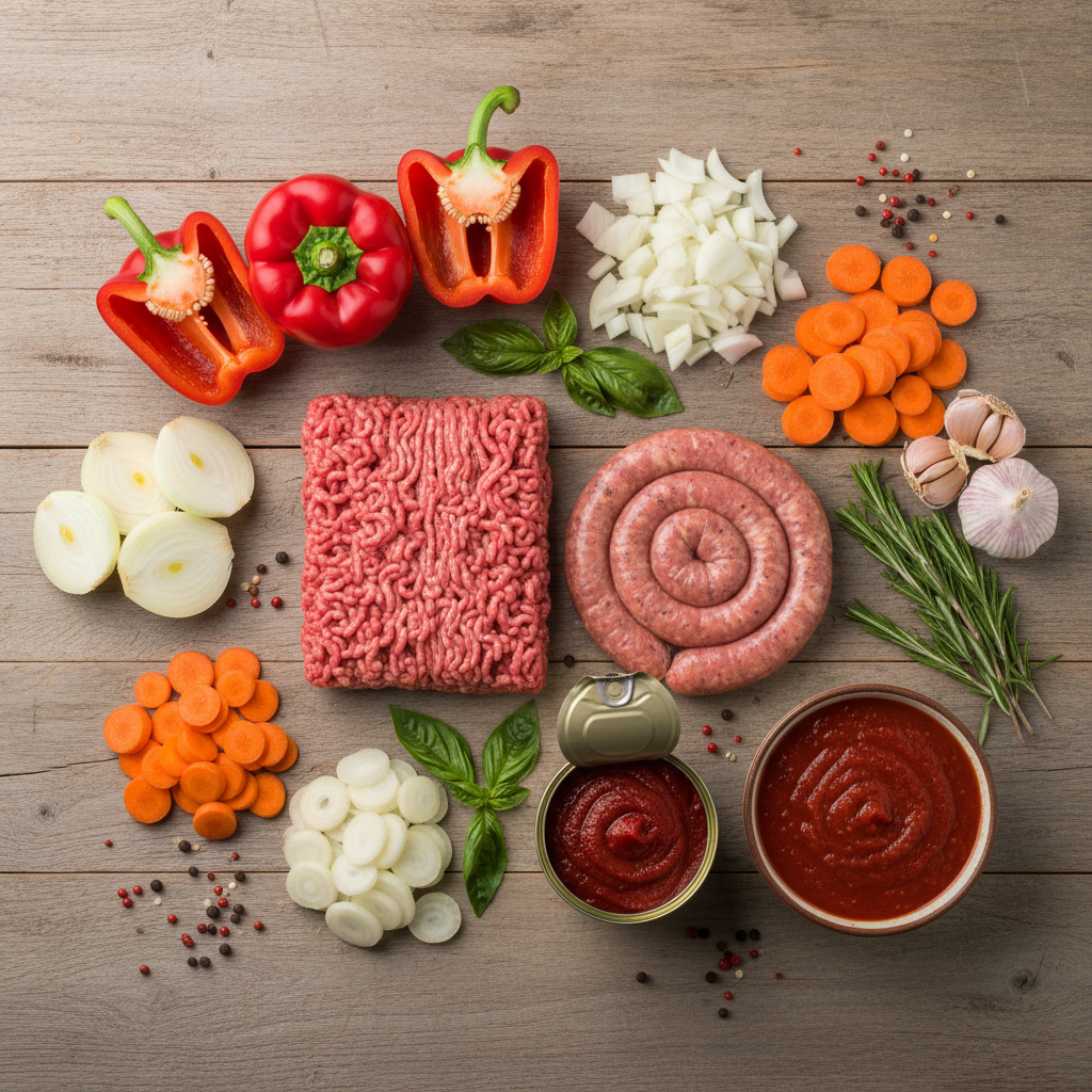Ingredients for spaghetti with meat sauce laid out on kitchen counter