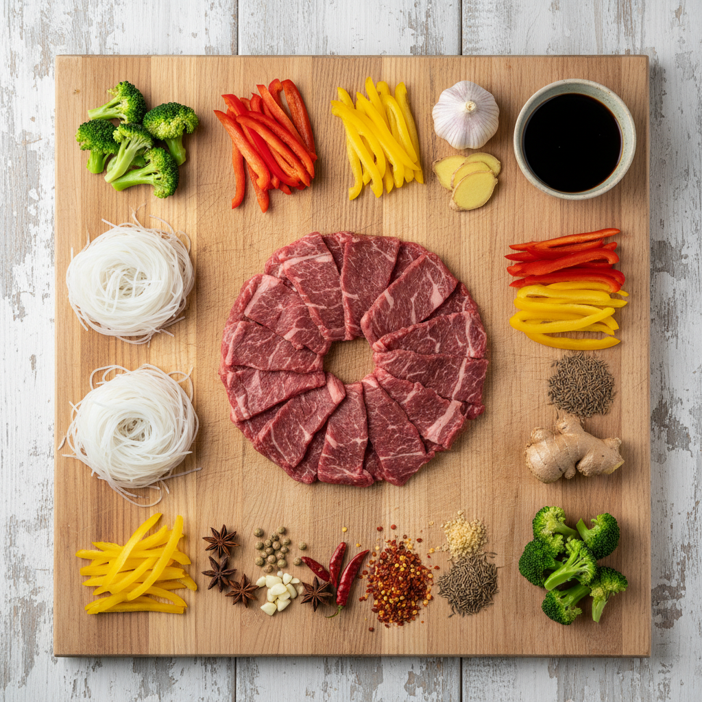 Ingredients laid out for sticky beef noodles recipe