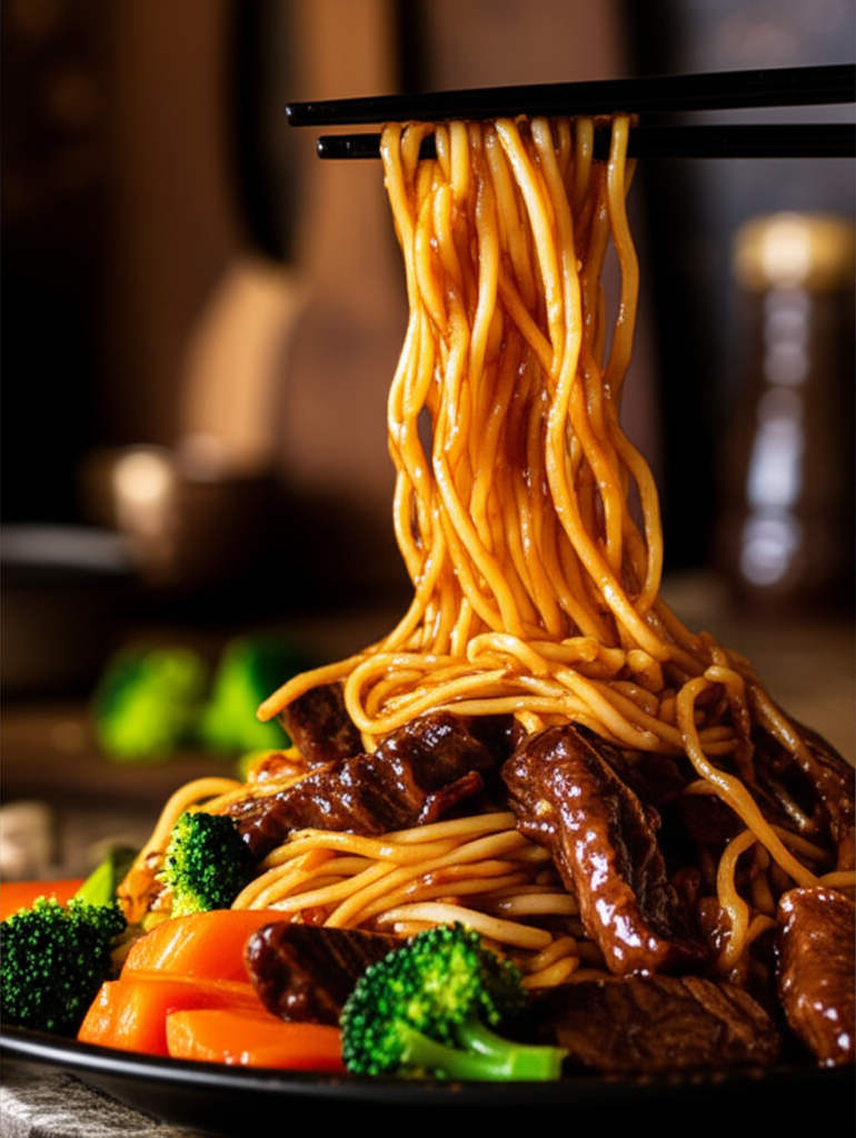 Sticky beef noodles close up with beef and noodles