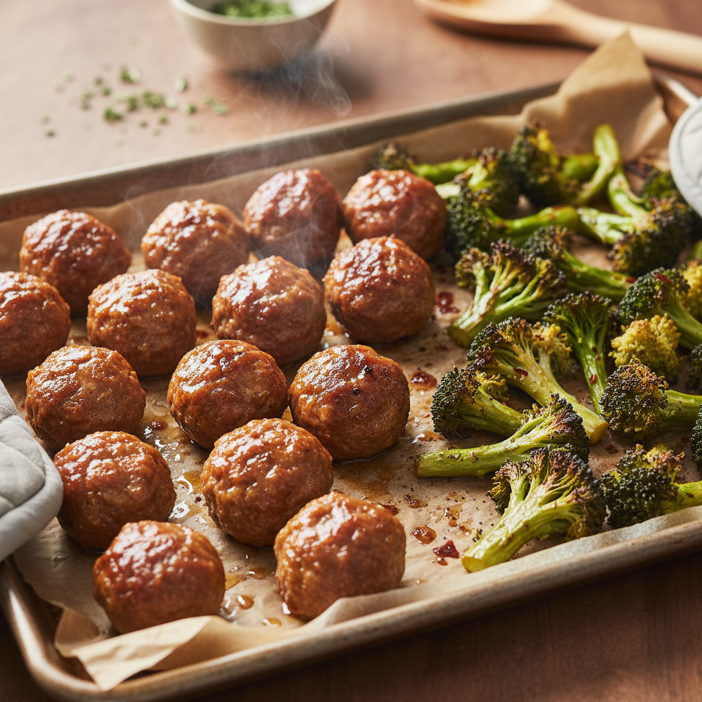 Mongolian meatballs with broccoli and sauce