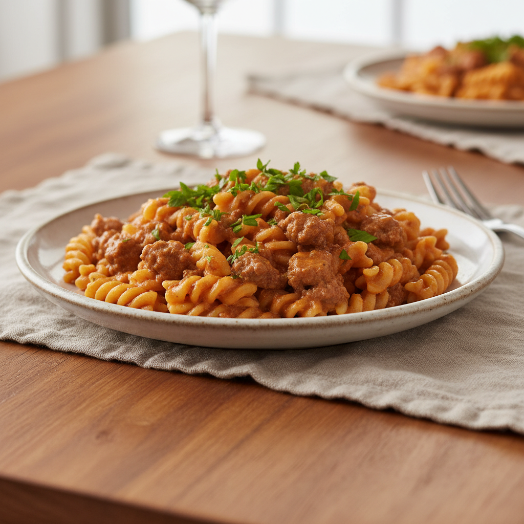 Finished creamy ground beef pasta with parsley garnish