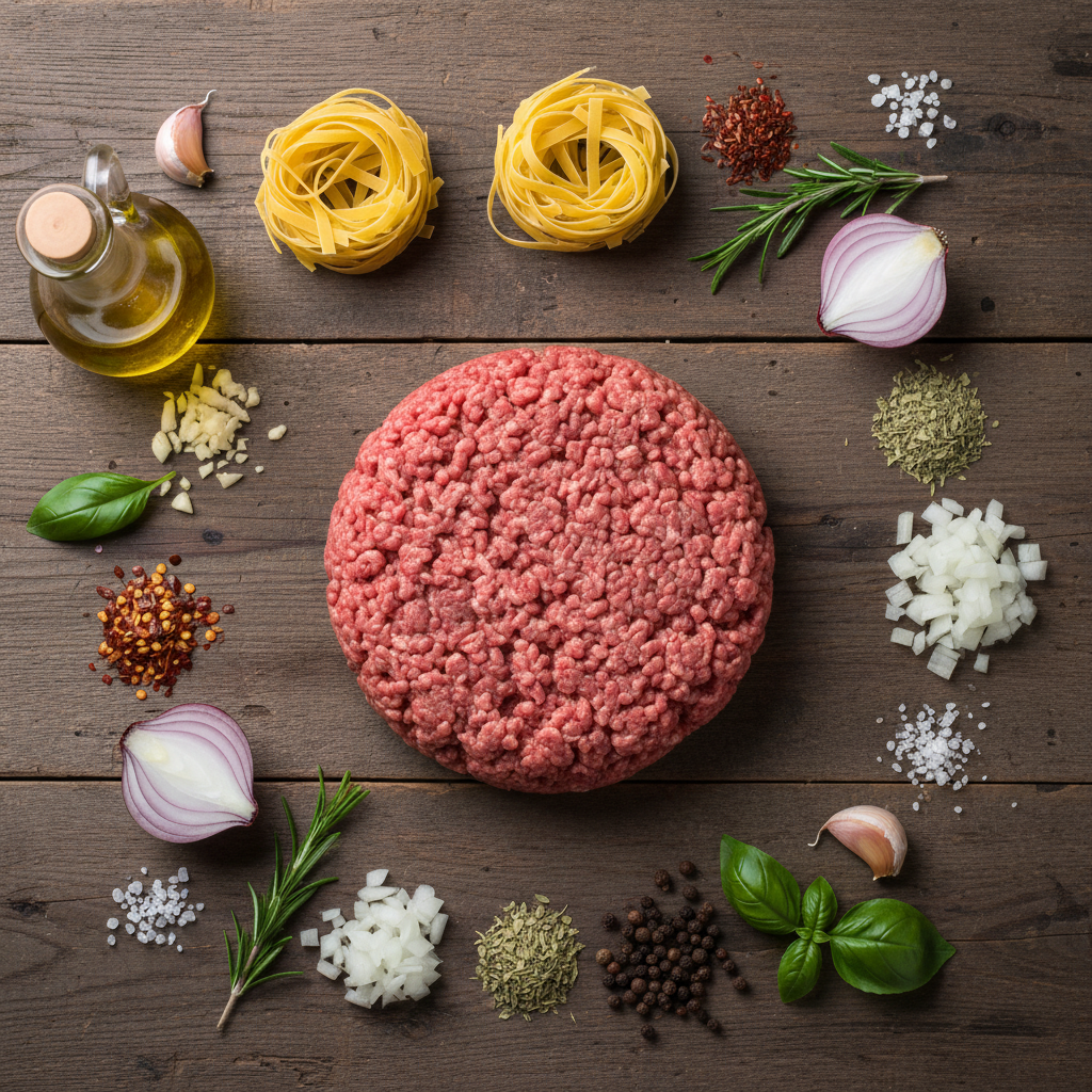 Ingredients for creamy ground beef pasta