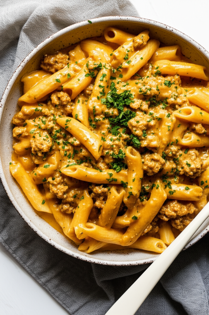 Creamy ground beef pasta served on a plate