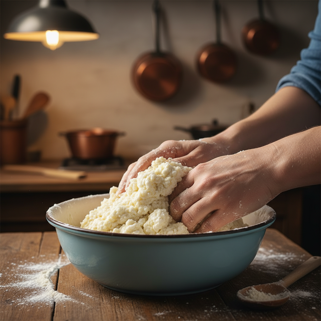 Mixing the dough for cottage cheese flatbread