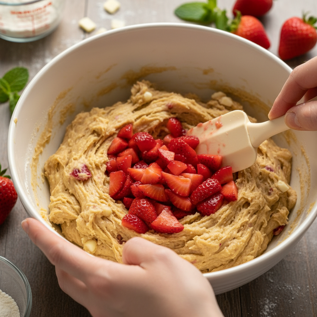 Folding strawberries into blondie batter
