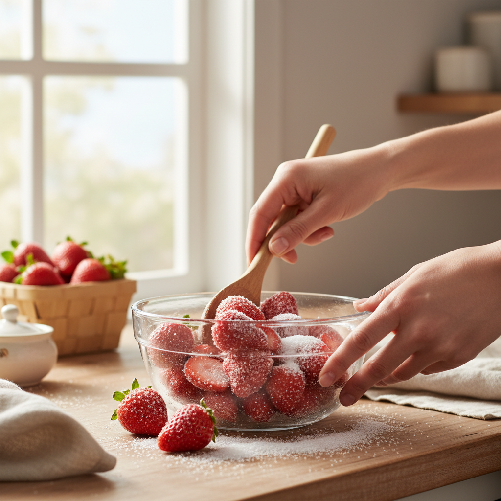 Mixing strawberries and sugar to macerate