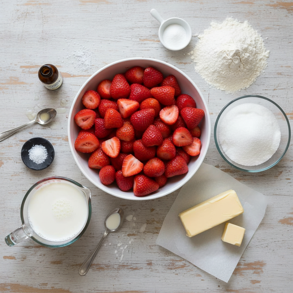 Ingredients for strawberry cobbler including strawberries, sugar, flour, butter