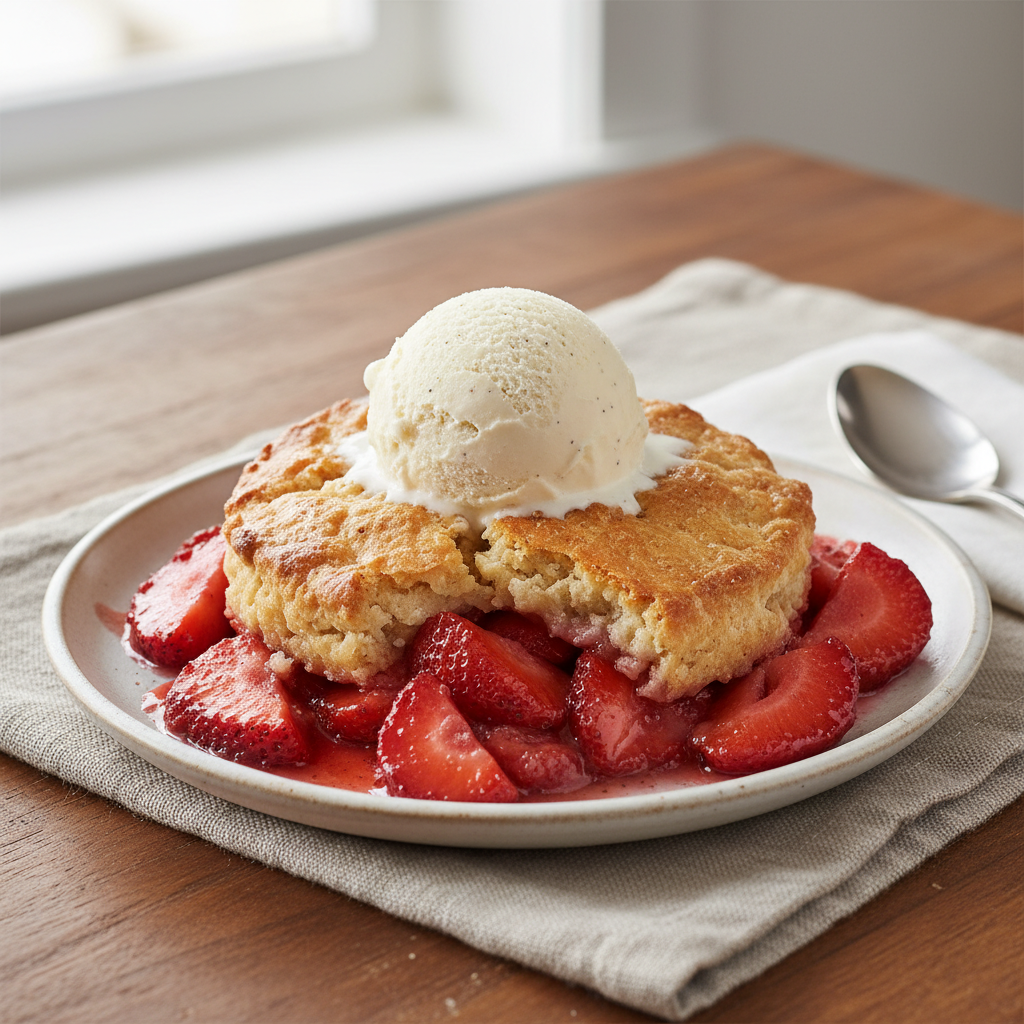 Baked strawberry cobbler cooling after baking