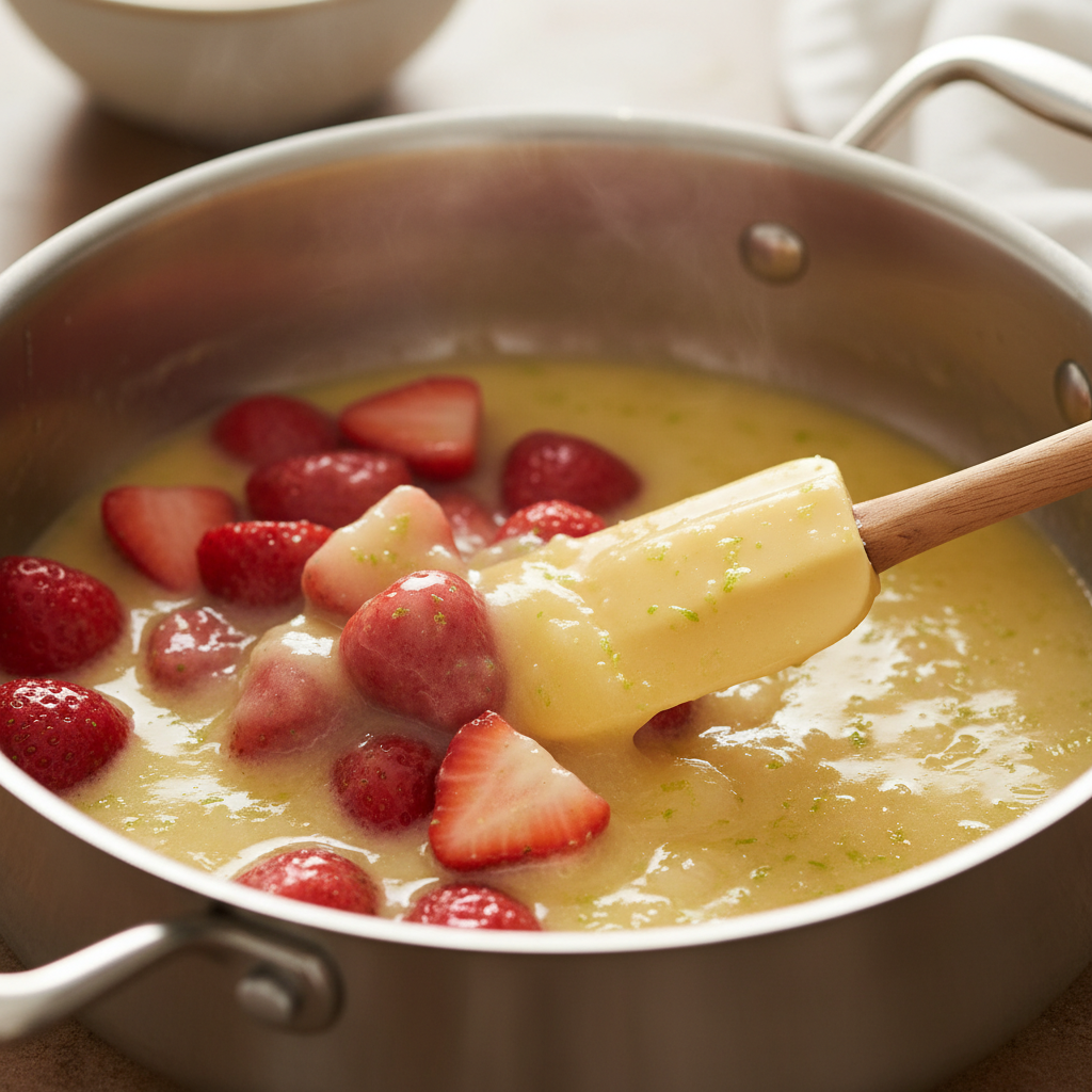 Cooking strawberry sauce in saucepan
