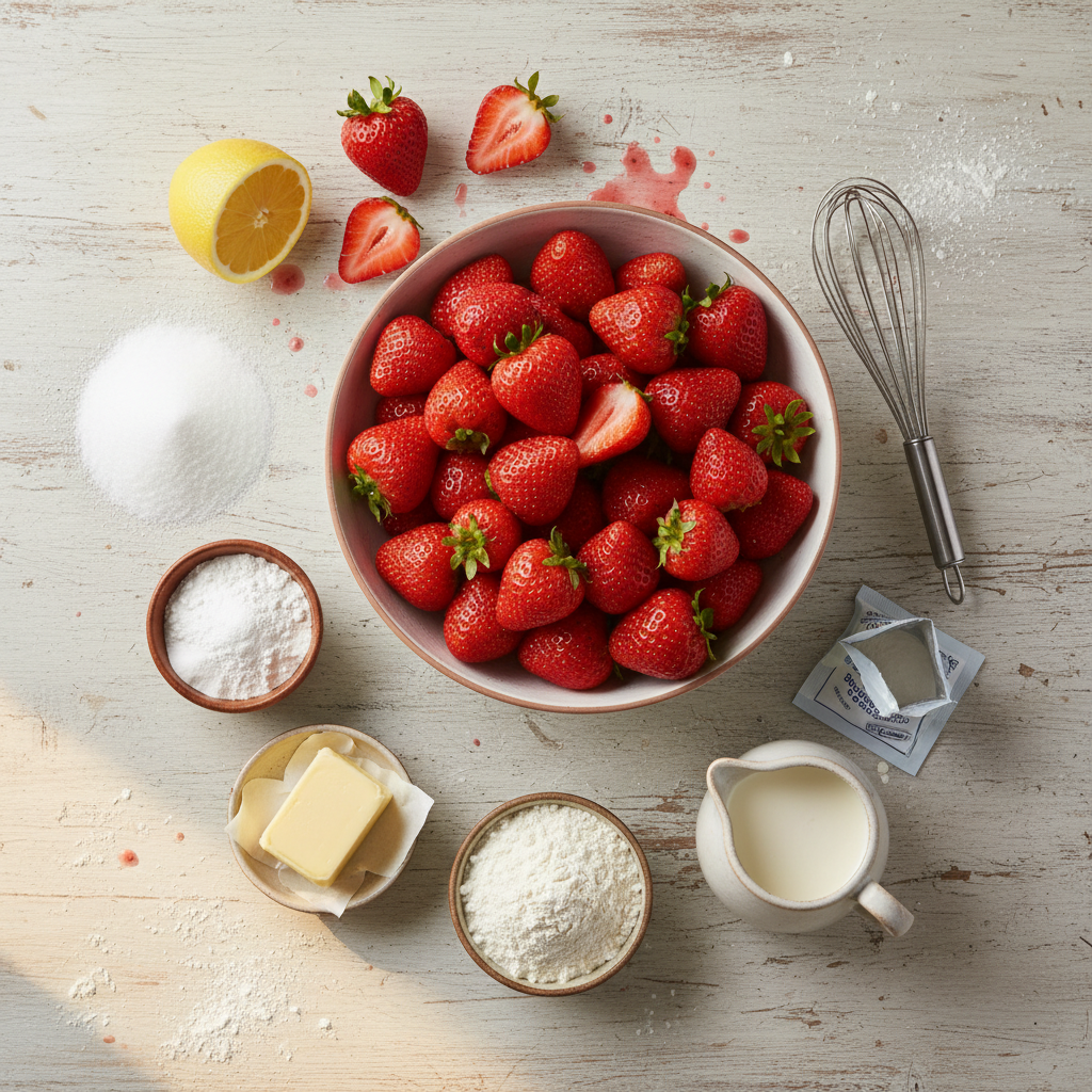 Ingredients for Strawberry Cobbler on table